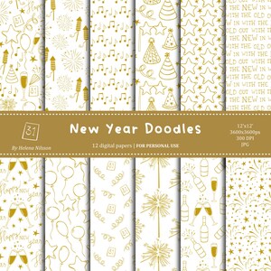 Pacote de papel digital Doodles de Ano Novo - 12 papéis imprimíveis para uso pessoal - padrões dourados de festa de ano novo