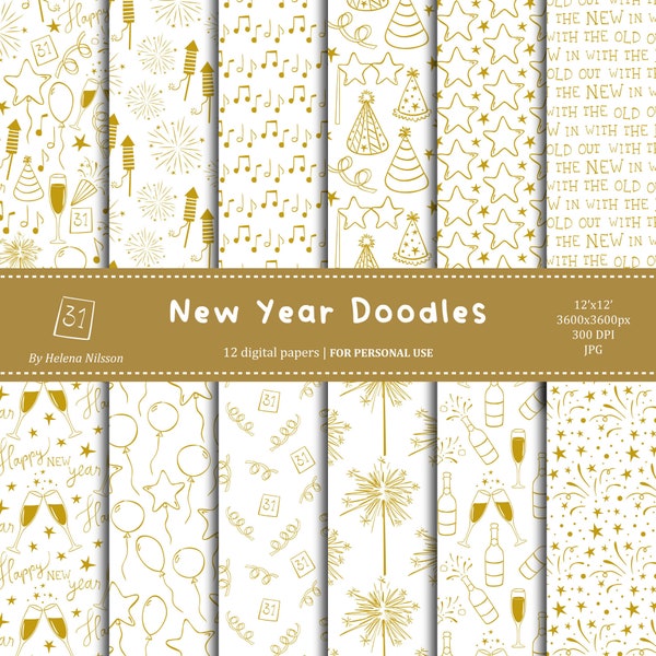 New Year Doodles digitale Papierpackung - 12 druckbare Papiere zum persönlichen Gebrauch - Goldenes Silvesterfest