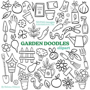 Garden Doodles Clipart - 50 transparent PNG images for personal use - hand drawn gardening lineart elements in black