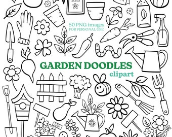 Garden Doodles Clipart - 50 Hand drawn PNG Images (Personal Use)