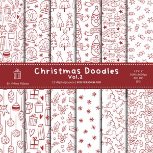 Christmas Doodles digitaal papierpakket vol.2 - 12 afdrukbare papieren voor persoonlijk gebruik - handgetekende rode en witte winterpatronen