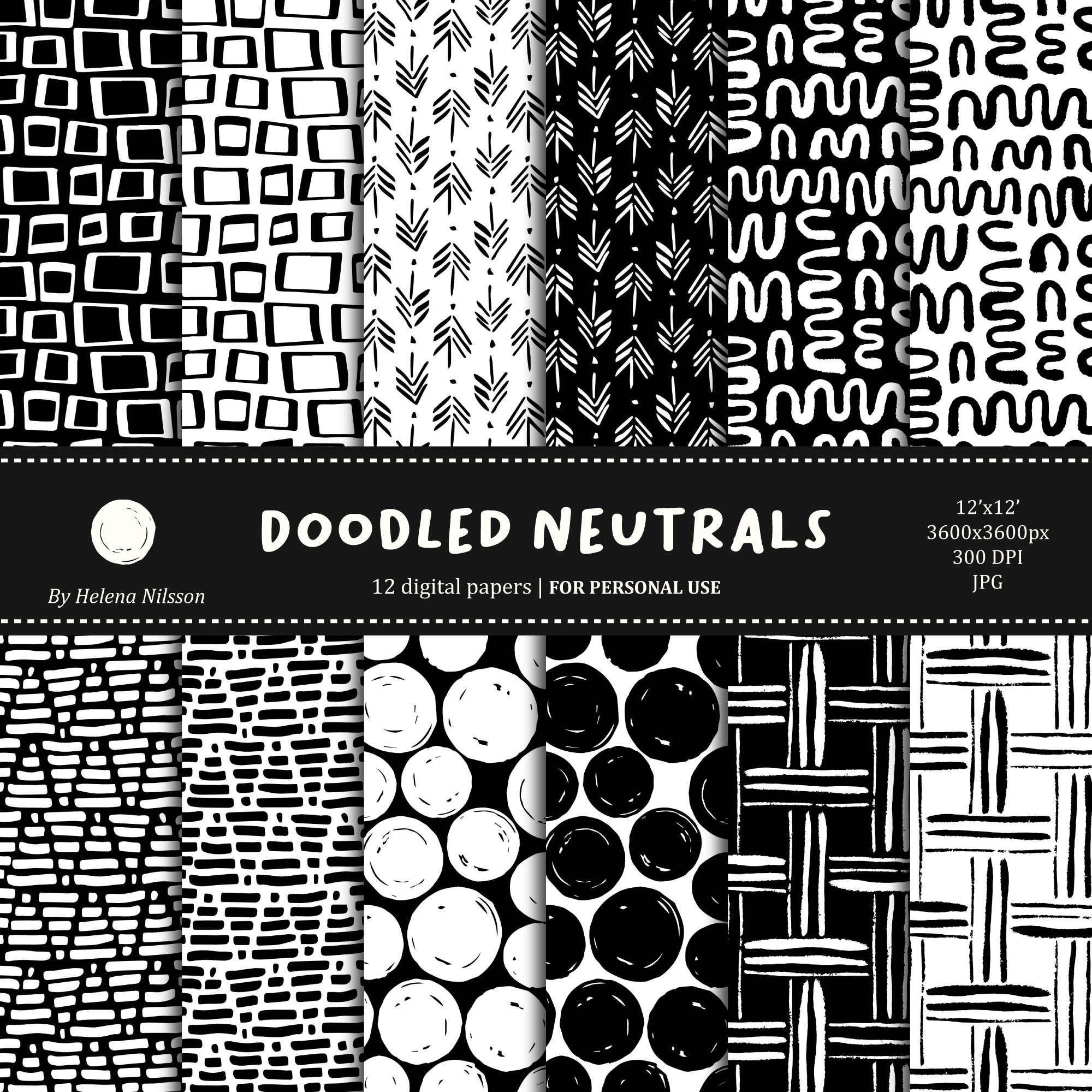 Doodled Black & White Paper Pack: Neutral Backgrounds (Digital Download)
