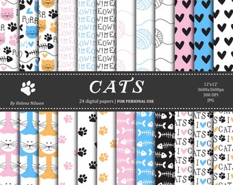 Cats paper pack - 24 printable papers for personal use -  cute kitten patterns in pink, blue and yellow - instant download