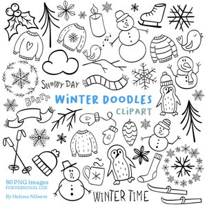 Winter Doodles Clipart - 80 imágenes PNG transparentes para uso personal - elementos dibujados a mano en blanco y negro