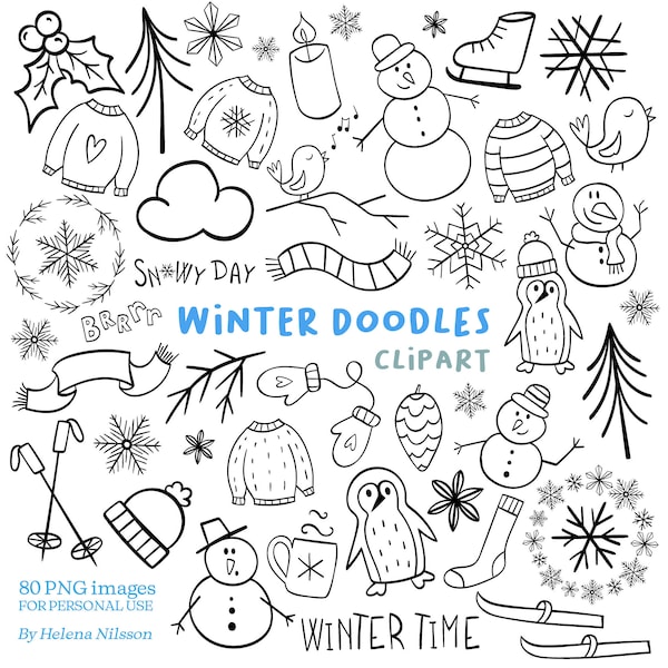 Winter Doodles Clipart - 80 transparente PNG Bilder für den persönlichen Gebrauch - handgezeichnete Elemente in schwarz und weiß