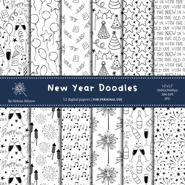 New Year Doodles digital paper pack - 12 printable papers for personal use - black and white new year's eve party patterns
