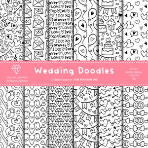 Pack de papier numérique Wedding Doodles - 12 papiers imprimables pour un usage personnel - motifs d'amour en noir et blanc