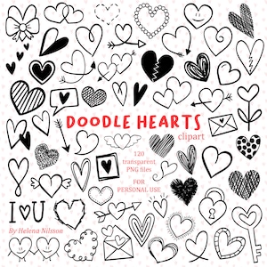 Doodle Hearts Clipart - 120 immagini PNG trasparenti - USO PERSONALE - elementi disegnati a mano in bianco e nero - disegni di San Valentino