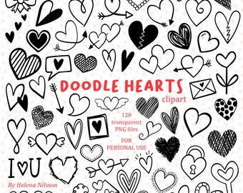 Doodle Hearts Clipart - 120 transparent PNG images - PERSONAL USE - hand drawn elements in black and white - valentine's day designs