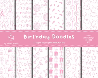 Birthday Doodles digital paper pack - 12 printable papers in pink & white for personal use - birthday party patterns