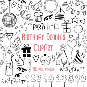 Birthday Doodles Clipart - 50 transparente PNG Bilder für den persönlichen Gebrauch - handgezeichnete Geburtstagsparty Elemente - sofortiger Download