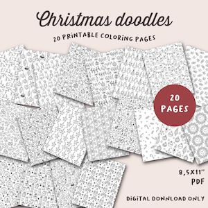 May include: Twenty black and white printable coloring pages featuring Christmas doodles. The pages are 8.5 x 11 inches and are available as a digital download only.