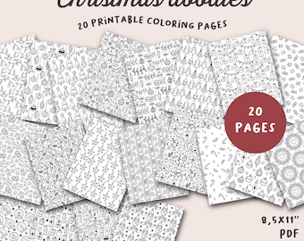 May include: Twenty black and white printable colouring pages featuring Christmas doodles. The pages are 8.5 x 11 inches and are available as a digital download only.
