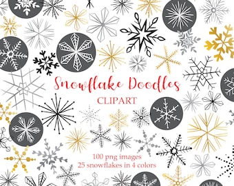 Snowflake Doodles Clipart - 100 transparent PNG images for personal use - 25 snowflakes in black, white, silver & gold