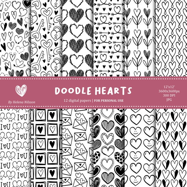 Doodle Hearts digital paper pack - 12 printable papers - personal use - hand drawn black & white love patterns - valentine's day