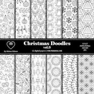 Weihnachten Doodles digitales Papier Pack vol.3 - 12 druckbare Papiere für den persönlichen Gebrauch - handgezeichnete schwarz-weiße Winter-Muster