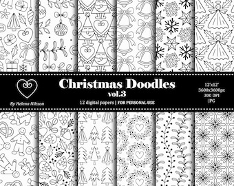 Christmas Doodles digital paper pack vol.3 - 12 printable papers for personal use - hand drawn black and white winter patterns