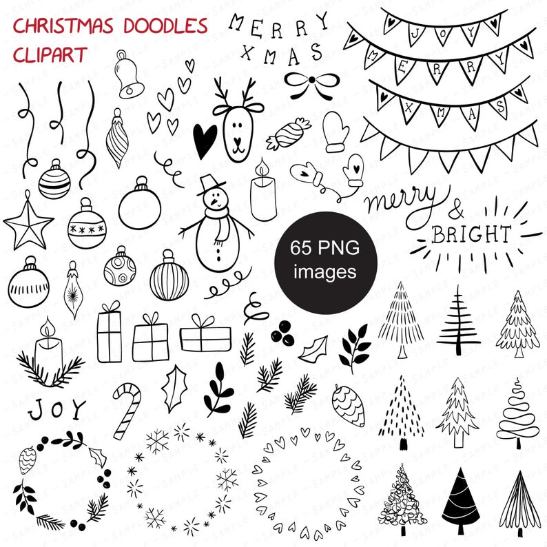 Pu&ograve; includere: Un set di 65 illustrazioni di doodle natalizie in bianco e nero. Le illustrazioni includono una renna, un pupazzo di neve, alberi di Natale, ornamenti, regali, bastoncini di zucchero, agrifoglio e altro ancora. Il testo "Merry Xmas" e "Merry & Bright" &egrave; incluso.