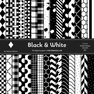 May include: A set of 30 digital papers in black and white featuring various geometric patterns, including polka dots, stripes, and checkered designs. The papers are 12 inches by 12 inches and 300 DPI.