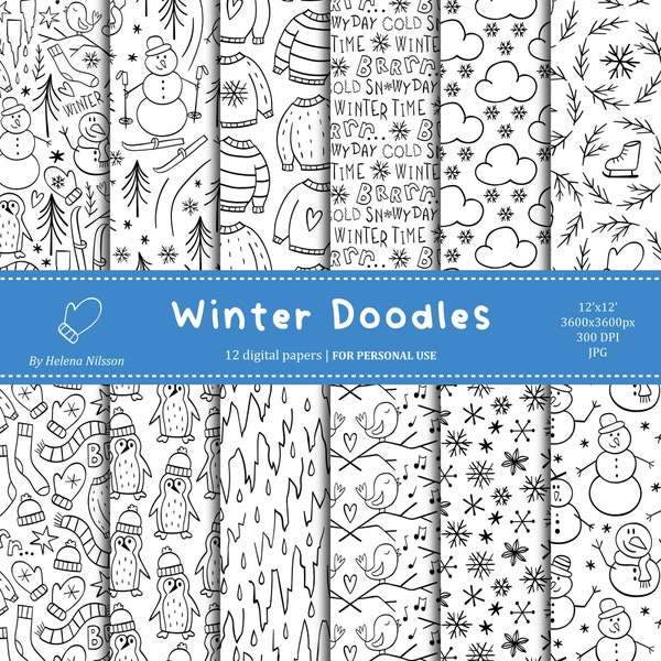 Winter Doodles digital paper pack - 12 printable papers for personal use - black and white winter patterns