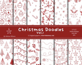 Paquete de papel digital Christmas Doodles vol.1 - 12 papeles imprimibles en rojo y blanco para uso personal - patrones de invierno