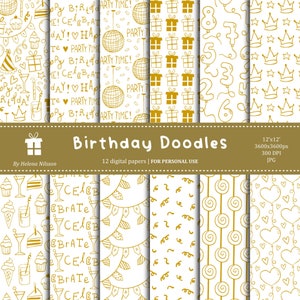 Pacote de papel digital Birthday Doodles - 12 papéis imprimíveis em ouro para uso pessoal - padrões de festa de aniversário desenhados à mão