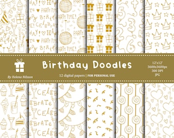 Birthday Doodles digital paper pack - 12 printable papers in gold for personal use - hand drawn birthday party patterns