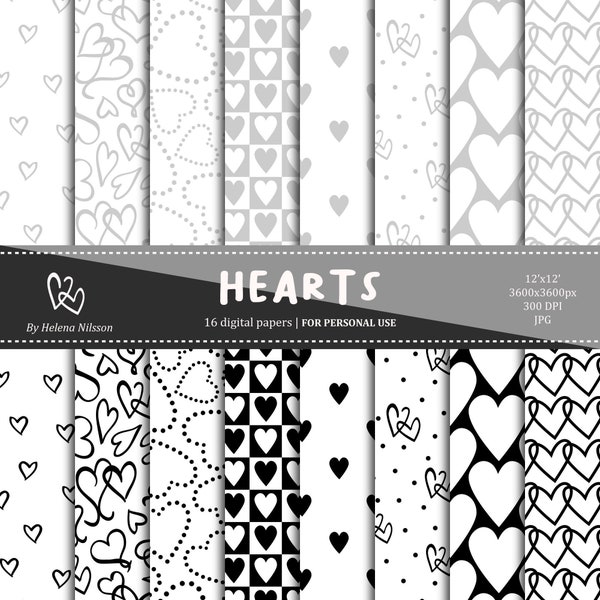 Hearts paper pack - 16 printable papers for personal use - romantic patterns in black and gray - minimalist valentine's day