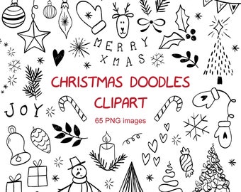 May include: Black and white hand-drawn Christmas doodles clipart set. Includes images of a Christmas tree, reindeer, ornaments, snowflakes, candy canes, presents, a snowman, and more. The text "Merry Xmas" and "Joy" are included in the set.
