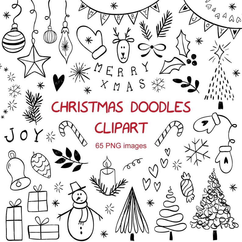 Pu&ograve; includere: Set di clipart di doodle natalizi disegnati a mano in bianco e nero. Include immagini di un albero di Natale, una renna, ornamenti, fiocchi di neve, bastoncini di zucchero, regali, un pupazzo di neve e molto altro. Il testo "Merry Xmas" e "Joy" sono inclusi nel set.