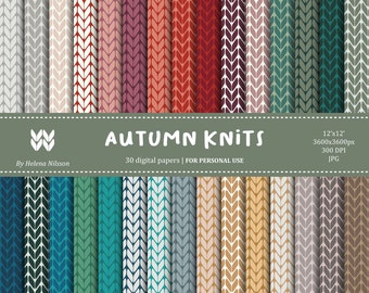 Autumn Knits digital paper pack - 30 printable papers for personal use - patterned backgrounds