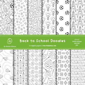 Pack de papier numérique Doodles pour la rentrée - 12 papiers imprimables pour un usage personnel - motifs noir et blanc dessinés à la main - pages à colorier