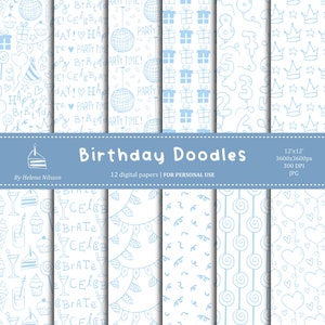 Birthday Doodles digital paper pack - 12 printable papers in blue & white for personal use - birthday party patterns