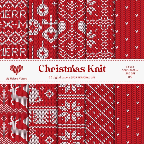 Christmas Knit digital paper pack - 10 printable papers for personal use - red and white christmas sweater patterns - scandinavian winter