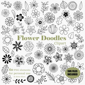 SVG Flower Doodles - 60 transparante png-afbeeldingen voor persoonlijk gebruik - handgetekende botanische SVG-elementen - bloemen clipart