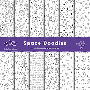 Space Doodles digitaal papierpakket - 12 afdrukbare papieren voor persoonlijk gebruik - zwart-witte patronen - kleurpagina's