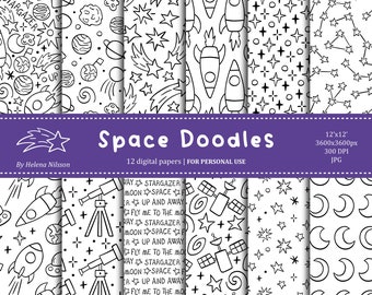 Space Doodles digital paper pack - 12 printable papers for personal use - black & white patterns - coloring pages