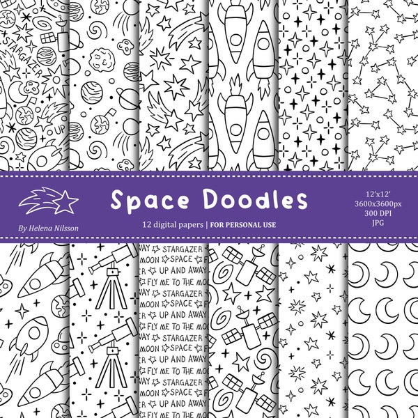 Space Doodles digital paper pack - 12 printable papers for personal use - black & white patterns - coloring pages