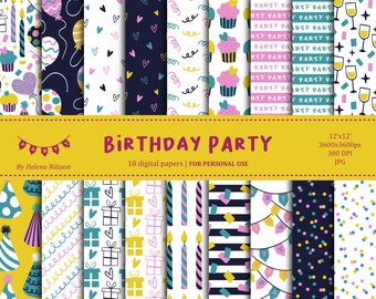 Birthday Party digital paper pack - 18 printable papers for personal use - fun colorful party patterns