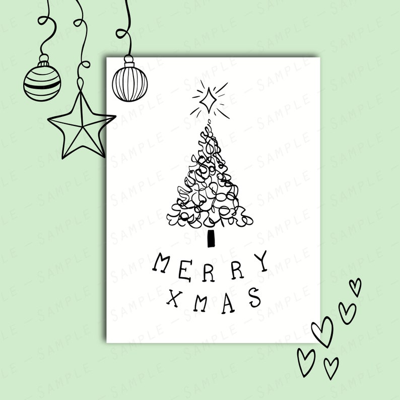 Pu&ograve; includere: Un'illustrazione in bianco e nero di un albero di Natale con una stella in cima e il testo "Merry Xmas" sotto.