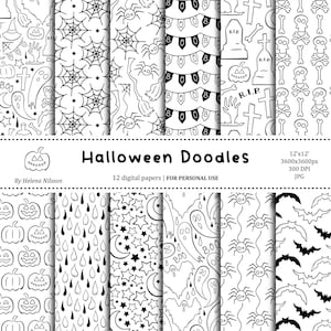 Halloween Doodles digital paper pack - 12 printable papers for personal use - black and white spooky patterns