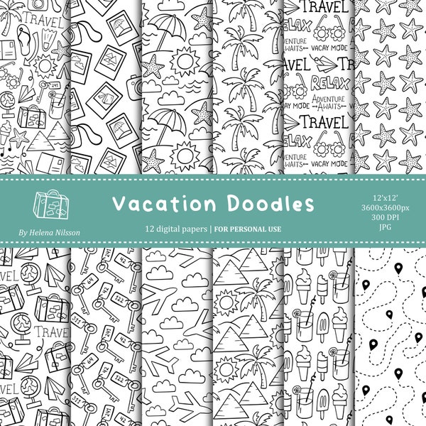 Vacation Doodles digital paper pack - 12 printable papers for personal use - hand drawn travel patterns - coloring pages