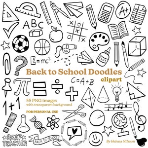 Doodles SVG - Clipart de volta às aulas - 55 imagens PNG para uso pessoal - Elementos SVG desenhados à mão em preto