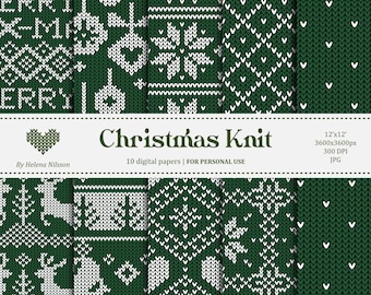 Christmas Knit digital paper pack - 10 printable papers for personal use - green and white christmas sweater patterns - scandinavian winter