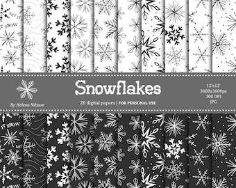 Snowflakes digital paper pack - 20 printable papers in dark gray and white for personal use - hand drawn winter patterns
