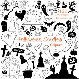Halloween Doodles Clipart - 120 PNG images for personal use - spooky holiday elements - instant download