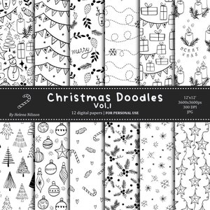 Christmas Doodles digital paper pack Vol.1 - 12 druckbare Papiere für den persönlichen Gebrauch mit schwarz-weißen Wintermustern