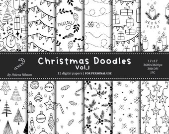 Christmas Doodles digital paper pack Vol.1 - 12 printable papers for personal use - black and white winter patterns