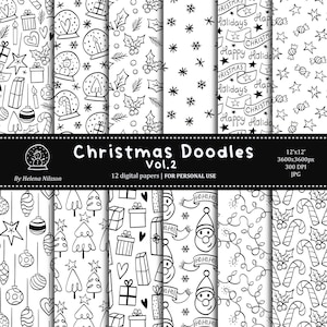 Christmas Doodles digital paper pack vol.2 12 printable papers for personal use hand drawn black and white winter patterns image 1