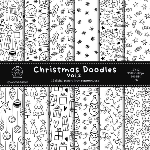 Christmas Doodles digital paper pack vol.2 - 12 printable papers for personal use - hand drawn black and white winter patterns